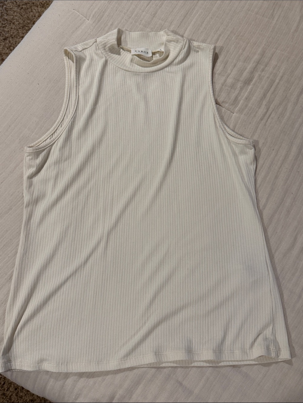 Cyrus Cream Ribbed Sleeveless Mock Neck Tank